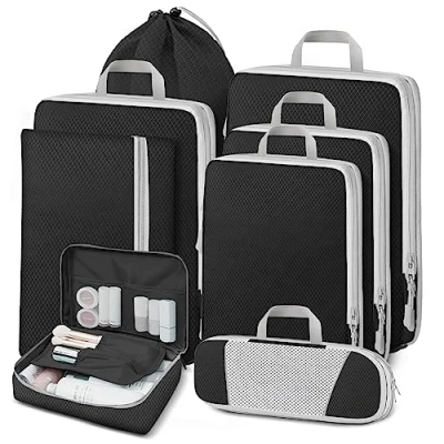 Imagen de Lannvan Organizador Maleta,Set 8 en 1 de Compression Packing Cubes,Bolsas Organizadoras Viaje,Organizador Equipaje,Organizador Mochila Maletas para Viaje,Ropa,Cosméticos,Negro