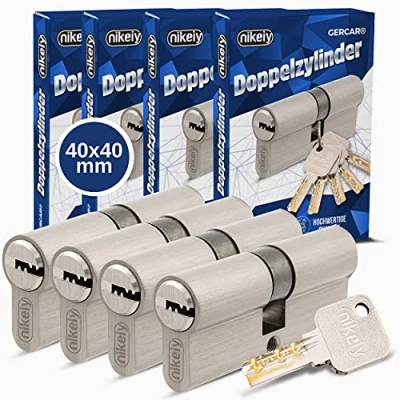Imagen de GERCAR Pro Juego de 4 cerraduras cilíndricas latón niquelado mate 40/40 4x cilindro cerradura/cerradura barril 80 mm con botón para puerta 10 llaves Longitud: mm, A: 40 B: