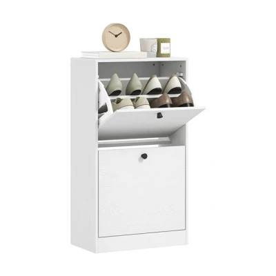 Imagen de HOMCOM Mueble Zapatero Estrecho Entrada Recibidor con 2 Cajones Abatibles y Estantes Ajustables para 8 Pares de Zapatos Armario Zapato Pasillo 47x26x85 cm Blanco