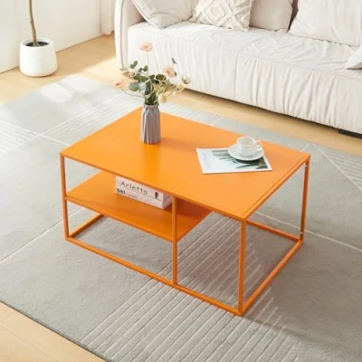 Imagen de [en.casa] Mesa de Centro con Estante Auxiliar Rectangular Inferior para Salón Resistencia Acero 45 x 90 60 cm Naranja
