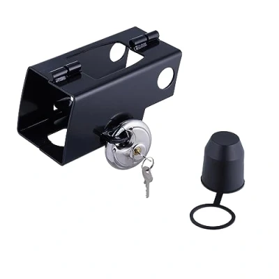 Imagen de Relaxdays Candado Remolque, Protección Antirrobo para Caravana Acoplada o No, Cerradura de Disco, Tapa Protectora, Negro, Acero, 9 x 20 10 cm