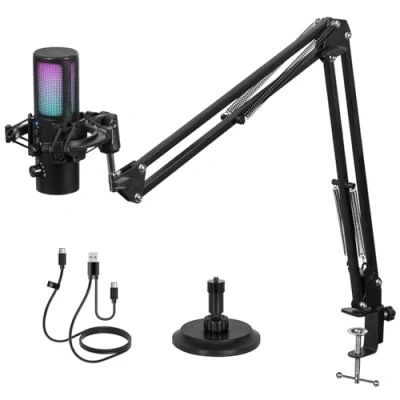 Imagen de Todeco Micrófono Gaming RGB, USB Condensador con Brazo Soporte, Soporte Microfono, Antivibración, Cancelación de Ruido, Botón Silencio, para Streaming Podcasting, PS4/5, Mac, PC