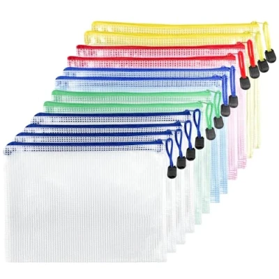 Imagen de Fousenuk 12 Piezas Bolsa de Archivo Cremallera A3, Impermeable Bolsas Documentos Malla, Plastico con Cierre Cremallera, Zip Folder para Recibos, Oficina, Viaje, Escolar, 5 Colores