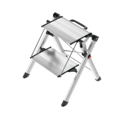 Imagen de Hailo Mini Comfort Taburete de Aluminio 2 peldaños y asa con función desbloqueante integrada, Plástico, Plata