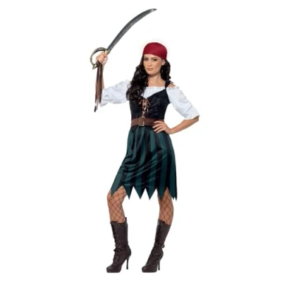 Imagen de Smiffys Disfraz de marinera pirata, Azul, con camisa, falso chaleco, falda, cinturón y bandana