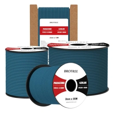 Imagen de Brotree Paracord 3mm 50M Cuerda 100% Nylon Tipo II 3 Hebras 425 para Exterior, Bricolaje 192 kg Carga de Rotura (Verde Azulado)