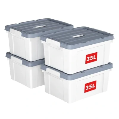 Imagen de Cetomo 35L*4 Caja de Almacenamiento con Asa, Plástico Tapa y Cierre Seguro, Contenedor Grande, Duradera, Apilable, Resistentes, Blanco, Paquete 4 35L