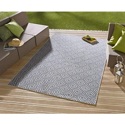 Imagen de NORTHRUGS alfombra para interior y exterior a cuadros, 140 x 200 cm, resistente la intemperie, diseño geométrico moderno, balcón, terraza, jardín, jardín de invierno, al agua en azul