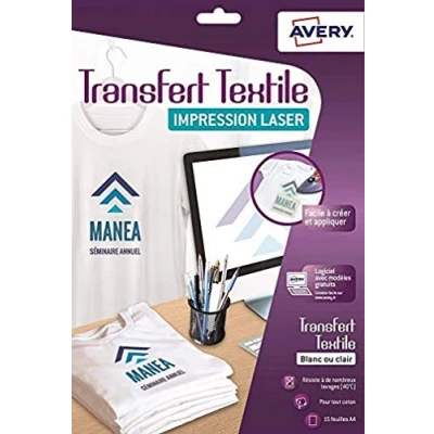 Imagen de AVERY Juego de 3 fundas 15 transferencias para textiles blancos o claros, tamaño A4, impresión láser