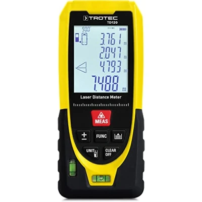 Imagen de TROTEC Telémetro láser TD120 Rango de medición distancias 120 m, Funciones Pitágoras, 99 Conjuntos Datos (áreas rectangulares/cálculo Volumen, IP54)