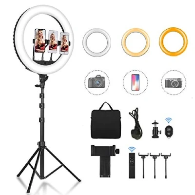 Imagen de CXYP Luz de Anillo LED,18&quot; fotográfica Escritorio, 3 Colores 10 Brillos Regulables Control Remoto Bluetooth, Trípode con Soporte Giratorio teléfono para Selfie, Youtube, TIK Tok