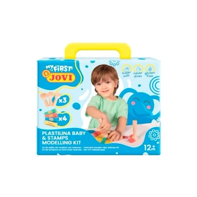 Imagen de Jovi Plastilina Baby Mi primer kit de modelaje, barritas 38g 4 colores surtidos + 3 Sellos madera, sin gluten, NO se seca, para niños a partir 12 Meses (374WS)