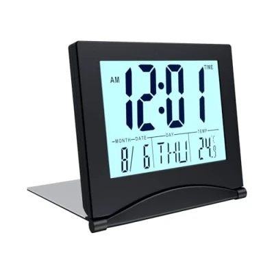 Imagen de MMOBIEL Reloj Digital LCD Alarma de Viaje Plegable con Luz Fondo Indicación Día, Fecha y Temperatura Despertador Mesa Funciona Pilas Negro