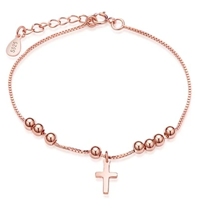 Imagen de Pulsera de abalorios con cuentas y una cruz, plata ley 925 oro rosa, cadena ajustable extensión, elegante, para mujer, la marca Infinite U