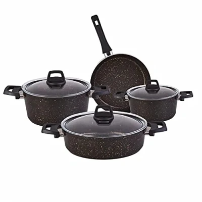 Imagen de Karaca Biogranite Juego de utensilios cocina 7 piezas, revestimiento antiadherente, tapa cristal, apto para lavavajillas, color negro y dorado