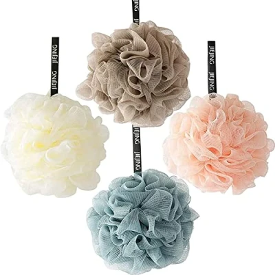 Imagen de Guidre 4 Piezas Bola de esponja ducha,esponja exfoliante malla corporal fácil espumación limpiar y calmar la piel Puff Pufs Baño ducha (50g/PCS) para adultos, hombres mujeres