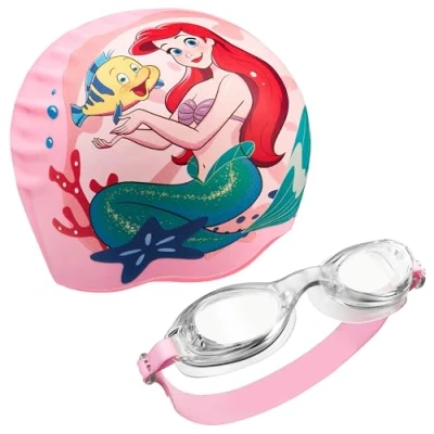 Imagen de Disney Set de Gafas Buceo y Gorro Piscina Niña con Protección Antiempañante UV (Rosa Ariel, 3 6 Años)