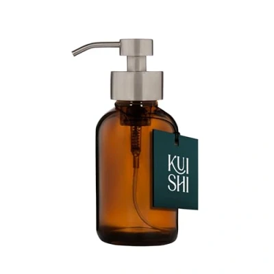 Imagen de Kuishi Dispensador de jabón líquido espumante vidrio ámbar con bomba plata, botella reciclada 500 ml, recipiente protector UV, negra sin BPA