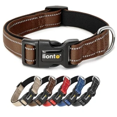 Imagen de lionto Collar de Perro Acolchado Nylon Reflectante Impermeable Ajustable, Tamaño M, Marrón