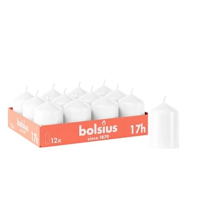 Imagen de Bolsius Velas lisas Blanco 12 unidades 8 x 6 cm decorativas para el hogar Tiempo de combustión 17 horas Sin perfume Contiene cera vegetal natural aceite palma