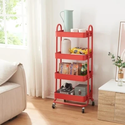 Imagen de [en.casa] Carro de Servicio con 4 Cestas Estantería Baño Ruedas Carrito Cocina Multiusos Versátil Resistente Acero 104 x 46 35 cm Rojo