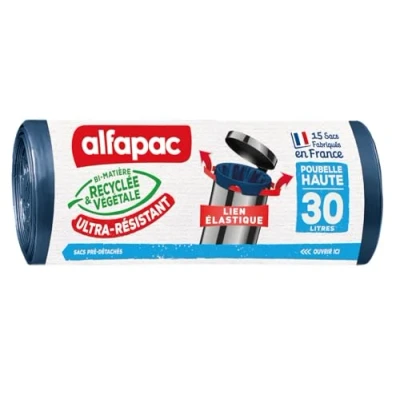 Imagen de Alfapac 15 bolsas de basura 30L con lazo elástico ultrarresistente fabricadas en Francia Bimaterial reciclado y vegetal