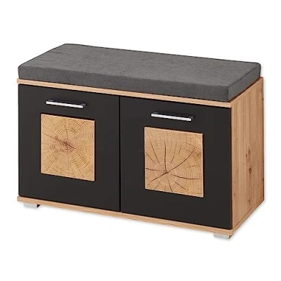 Imagen de Stella Trading Fun Zapatero con Asiento en Negro, Aspecto de Roble Artesano Aplicaciones Madera Cerebro, cómodo Banco Espacio Almacenamiento para su Pasillo, Schuhbank