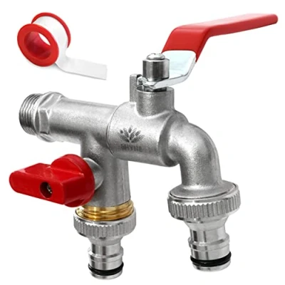 Imagen de SHYNE Grifo Doble de Calidad Latón 1/2 &#039;&#039; Pulgada Resistente al Óxido y las Heladas + 2 Conexiones Manguera E Book Para Jardín, Lavadora, Barril lluvia