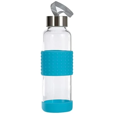 Imagen de IBILI Botella de vidrio sky 360 ml azul, Borosilicato, Reutilizable, protector anti golpes