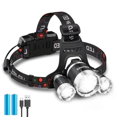 Imagen de EXTRASTAR Linterna Frontal Recargable, Superbrillante 4 Modos Cabeza IP45 Impermeable Linterna, faro giratorio de 90 para Camping Correr Pesca Ciclismo