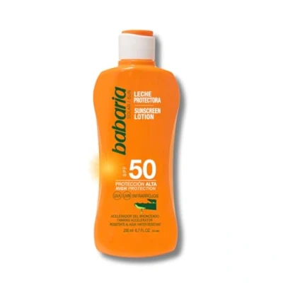 Imagen de Babaria Leche Solar, Protector SPF 50 con Aloe Vera, Alta Protección UVA/UVB e Infrarrojos, Acelerador del Bronceado y Resistente al Agua, Vegano 200 ml