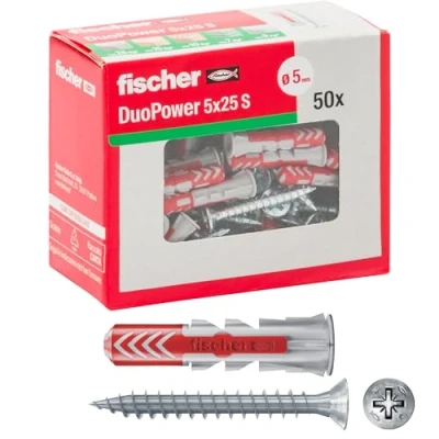 Imagen de fischer 544015 Duopower Tapones de Pared con Tornillo para mampostería sólida, Perforada y Yeso, Gris, 5 x 25 mm, Set 50 Piezas