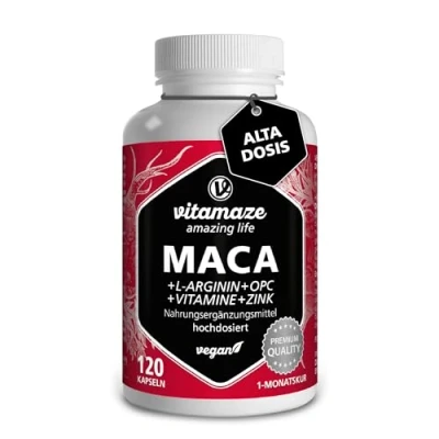 Imagen de Maca Pura en Cápsulas, Altamente Concentrada con 5000 mg + L Arginina Vitamina B6, B12 OPC Zinc, 120 Cápsulas de Andina para 1 Mes, sin Aditivos Innecesarios, Calidad Alemana