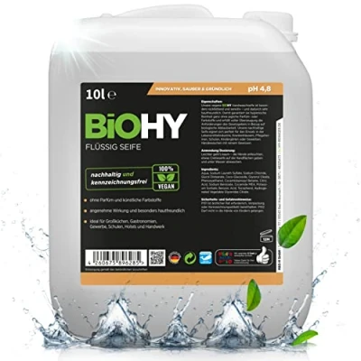 Imagen de BiOHY Jabón líquido (Bidón DE 10 litros) manos líquido, hidratante y respetuoso con la piel LIBRE FOSFATOS apropiado para cara higiene sin olor (Flüssig Seife)
