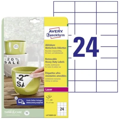 Imagen de Avery Zweckform etiqueta 70 x 37 mm resistente a la intemperie, WS 20blatt 480st ablã ¶ sbar