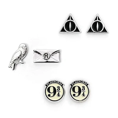 Imagen de THE CARAT SHOP, Set Regado 3 Pendientes Plataforma 9 3/4, Hadwing &amp; Carta y Reliquias de la Muerte Harry Potter