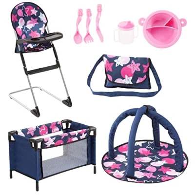Imagen de Bayer Design Accesorios para muñecas con cuna de viaje, trona, bolso (estrellas, azul, rosa)