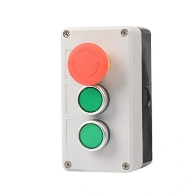 Imagen de Estación de control botón pulsador, 3 interruptores Interruptor pulsador hongo parada/arranque (paquete 1 parada emergencia + 2 autorretorno)
