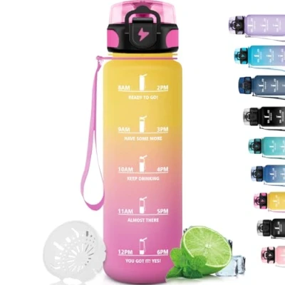Imagen de Grsta Botella Agua, Agua Gimnasio con Filtro, 1 Litro a Prueba de Fugas, Reutilizable para Hombres y Mujeres, Cantimplora Senderismo, Yoga, Correr, Amarillo Rosa