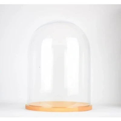 Imagen de EMH Cúpula circular de cristal transparente hecha a mano con base madera natural, 36 x 25 cm