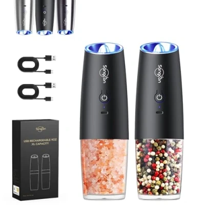 Imagen de Sangcon Recargable USB Juego de Molinillos Eléctricos sal y pimienta, Operación con Una Sola Mano, Gravedad Molienda Automática luz LED, Grosor Ajustable,2 Paquetes (Negro)