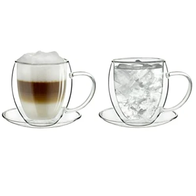 Imagen de Creano Conjunto de 2 Vasos Vidrio Térmico con Doble Pared, Vaso Mango y Posavasos, 250ml