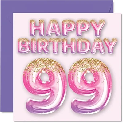 Imagen de Tarjeta de cumpleaños número 99 para mujer, globos purpurina rosa y morada, tarjetas feliz mujer años, mamá, gran niñera, abuela, 145 mm x mm,