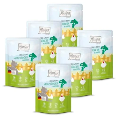 Imagen de MjAMjAM Comida húmeda Premium para Gatos Quetschie Chicks &amp; Friends Pollo jugoso con brócoli, Pack de 6 (6 x 300g), sin Cereales