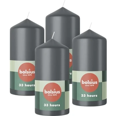 Imagen de Bolsius Pillar Candles Velas decorativas para el hogar, color antracita, 4 unidades, 12 x 6 cm, larga duración de combustión 33 horas, sin perfume, incluye cera natural vegana, aceite