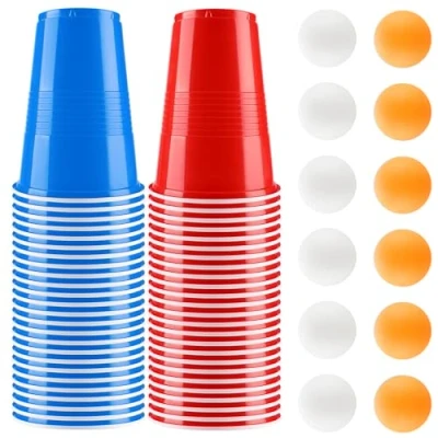 Imagen de Litimkat Juego de Vasos Beer Pong, 50 Pong (500 ml) con 12 Pelotas Ping Reutilizables, para Juegos Beber, Fiestas, Cumpleaños, Festivales, Bodas, Camping