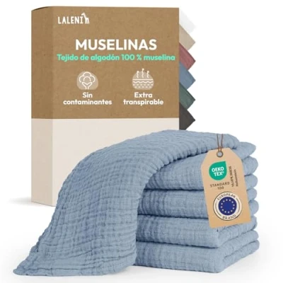Imagen de Laleni muselinas bebé algodón 70x70cm 5 uds gasas para bebés Piel Sensible Ideal como Toalla recién Nacido Supersuave y Absorbente pañales de Muselina en Azul