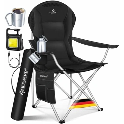 Imagen de KESSER® Silla de Plegable Camping Acolchada hasta 150 kg, con Apoyabrazos y Portavasos + Bolsa Respaldo Alto, Playa, Taburete, Negro