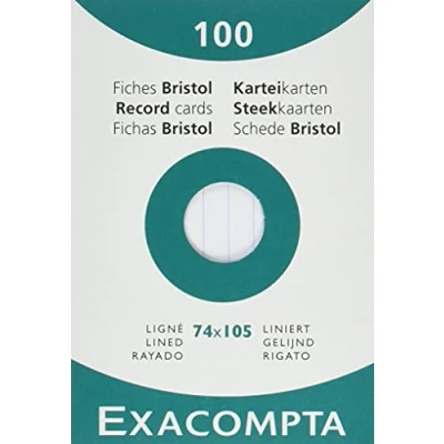 Imagen de Exacompta Bristol Tarjeta de registro, Rayado, A7, paquete 100 tarjetas, Blanco, tarjetas