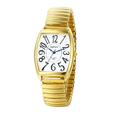 Imagen de JewelryWe Reloj de Cuarzo para Hombre, Hombre Simple y Claro Gran Escala Digital Barril Vino Esfera Cuadrada Fuerte Correa Elástica, Oro